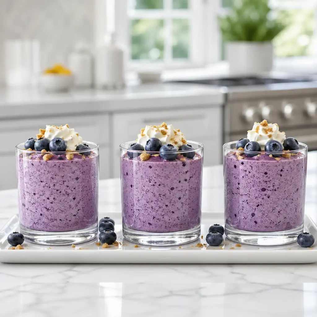 Three glass tumblers of purple blueberry cottage cheese mousse, each featuring fresh fruit and whipped cream on a white tray.