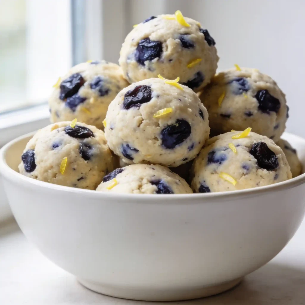 A sophisticated large white bowl with blueberry muffin energy bites showing their texture.