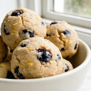 A white bowl of no bake blueberry muffin protein balls speckled with dried blueberries.