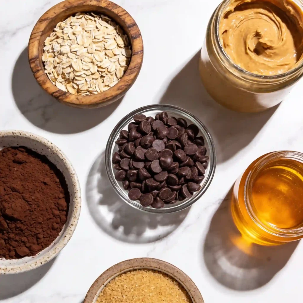 Fresh, simple ingredients laid out for making quick brownie batter energy bites.
