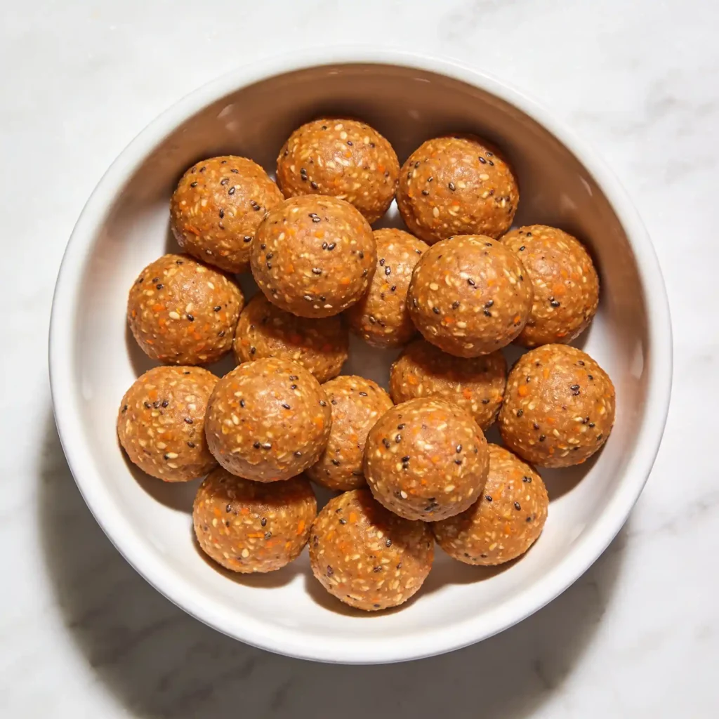 A cluster of healthy carrot cake energy balls served on a sleek white plate.
