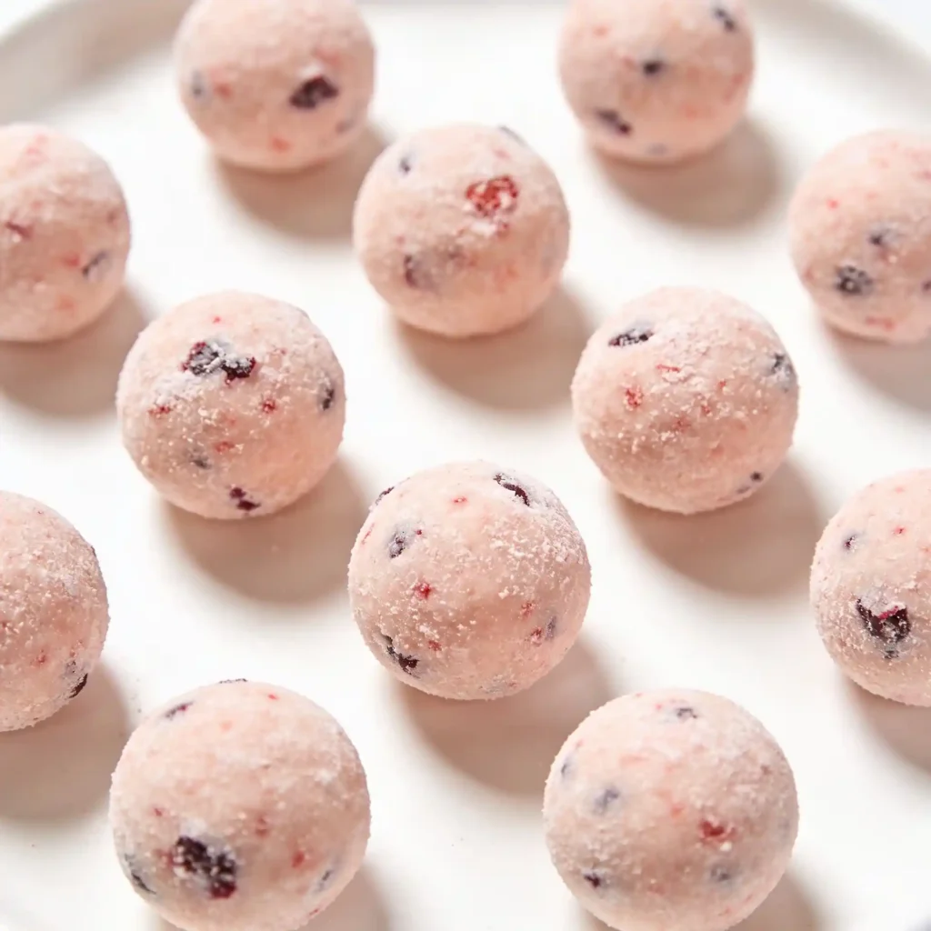 A sophisticated large white plate with cashew butter protein balls showing their texture.