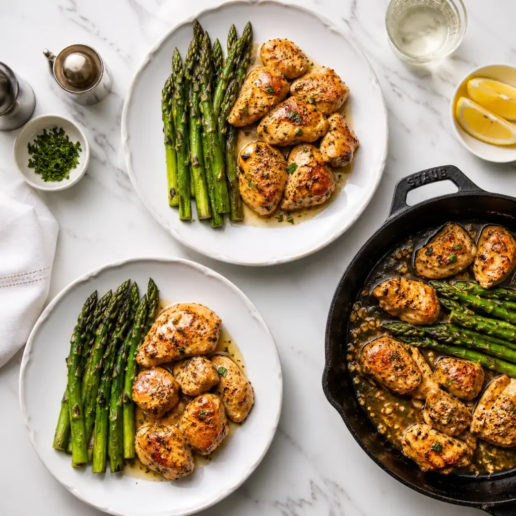 A top-down flat lay of two freshly plated chicken bites with asparagus dinners on a white marble counter.
