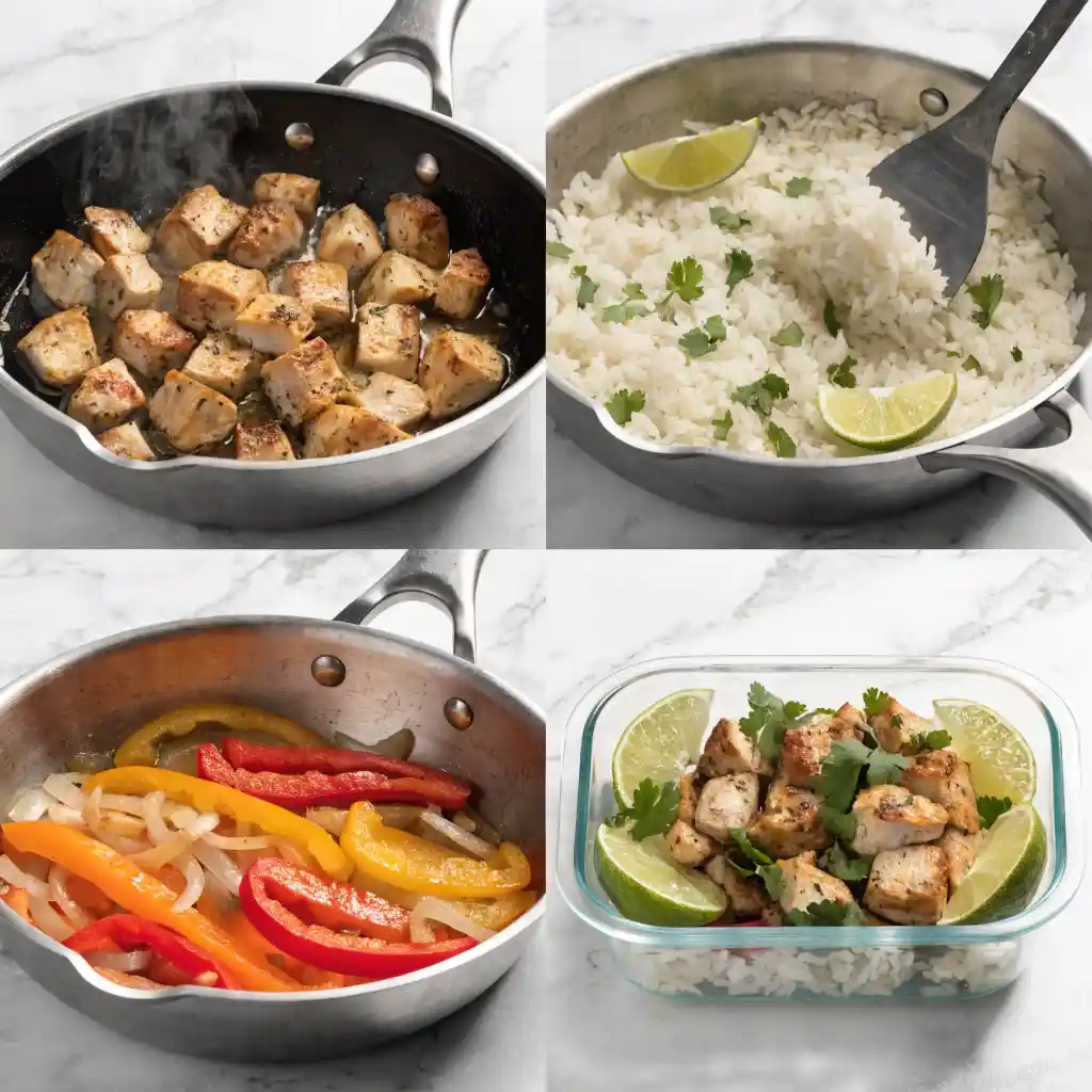 A four-panel image showing the easy steps to make meal prep chicken burrito bowls.