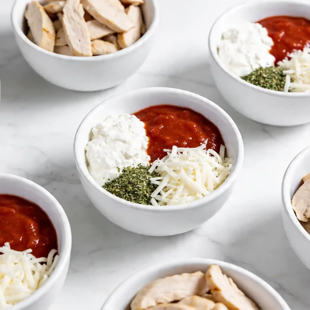 Ingredients neatly arranged in small white bowls to make a chicken parm cottage cheese bowl.