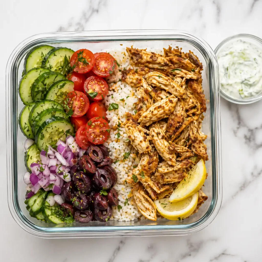 A top-down view of a perfectly separated chicken shawarma bowl in a glass meal prep container.