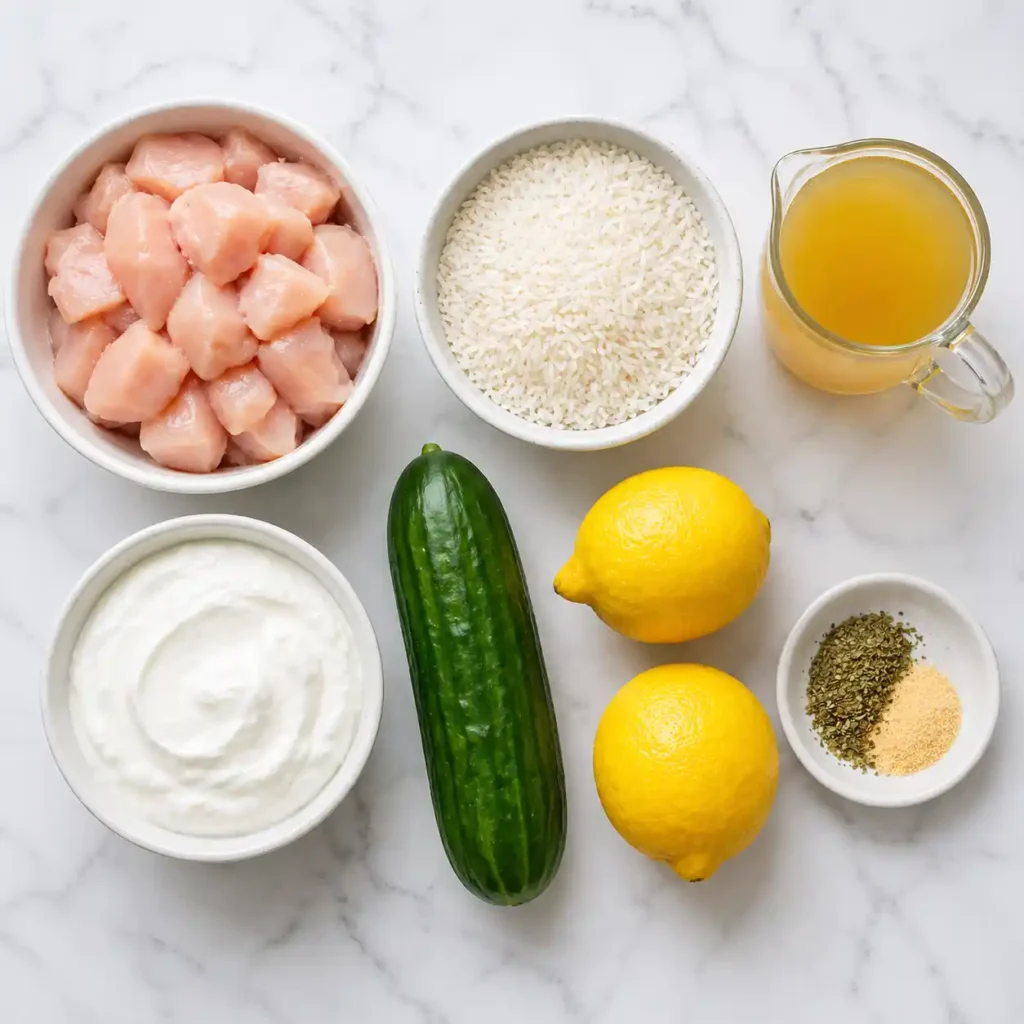 Raw ingredients for chicken tzatziki and rice arranged in white bowls on a marble surface.