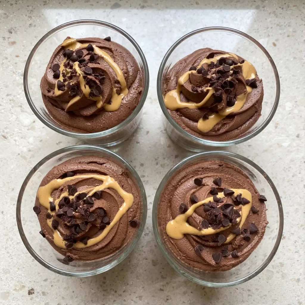 Four small glass tumblers filled with creamy swirled Chocolate Peanut Butter Cottage Cheese Mousse drizzled with peanut butter on a quartz counter.