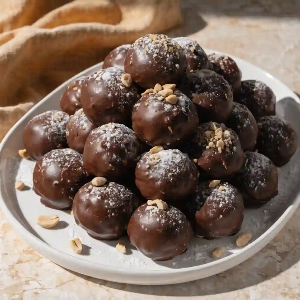 A gorgeous, fully plated serving dish overflowing with fudgy Chocolate Peanut Butter Protein Balls ready for snacking.