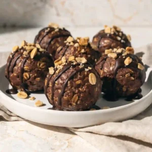 A matte ceramic plate featuring a neat stack of fudgy Chocolate Peanut Butter Protein Balls.