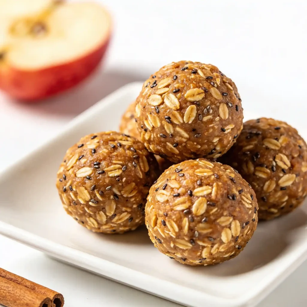 A cluster of healthy apple cinnamon energy balls served on a sleek rectangular white plate.