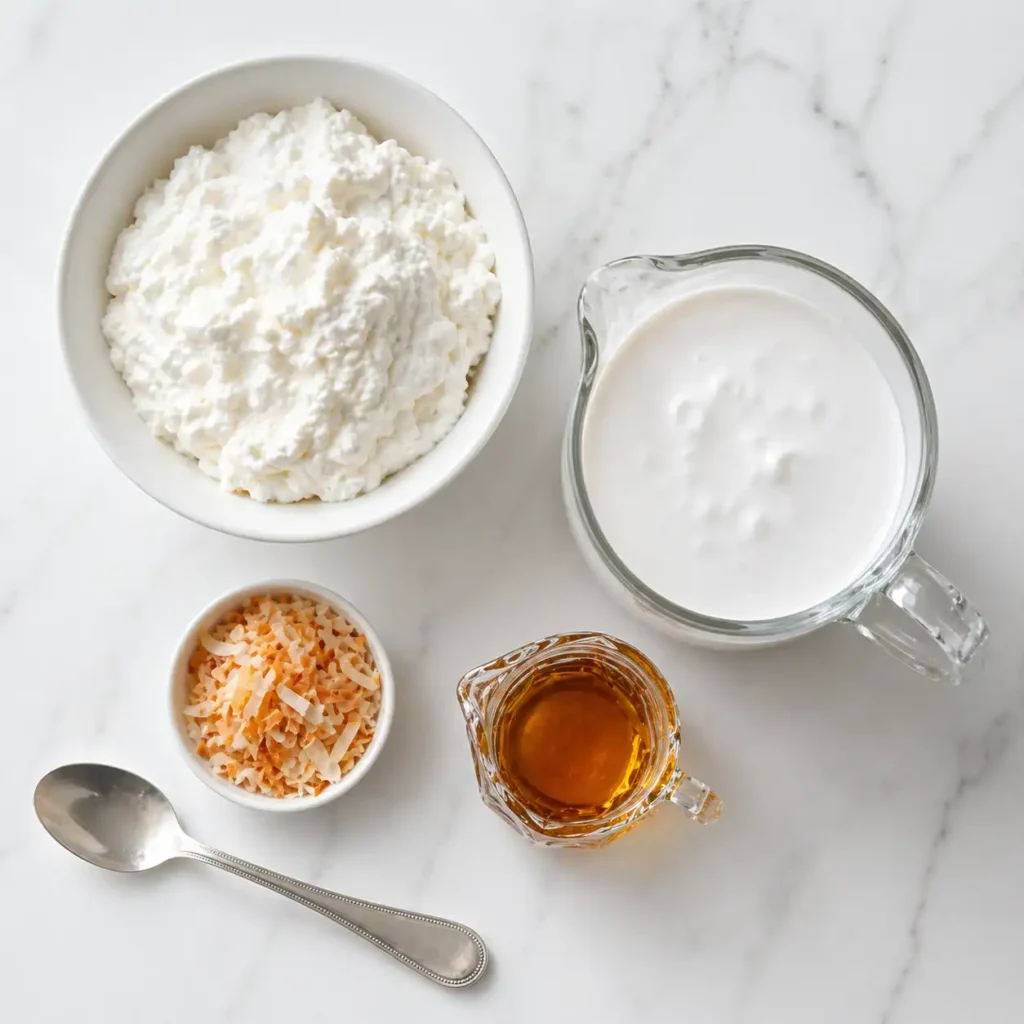 A bowl of thick cottage cheese, a glass of coconut cream, toasted coconut flakes, and a pitcher of maple syrup arranged neatly on a white marble surface.