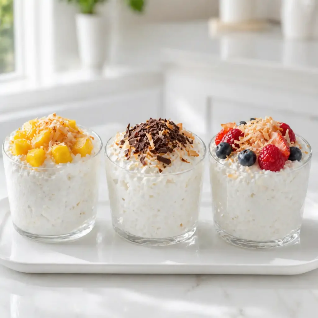 Three glass tumblers of white coconut cottage cheese mousse, each featuring different fruit and chocolate garnishes on a white tray.