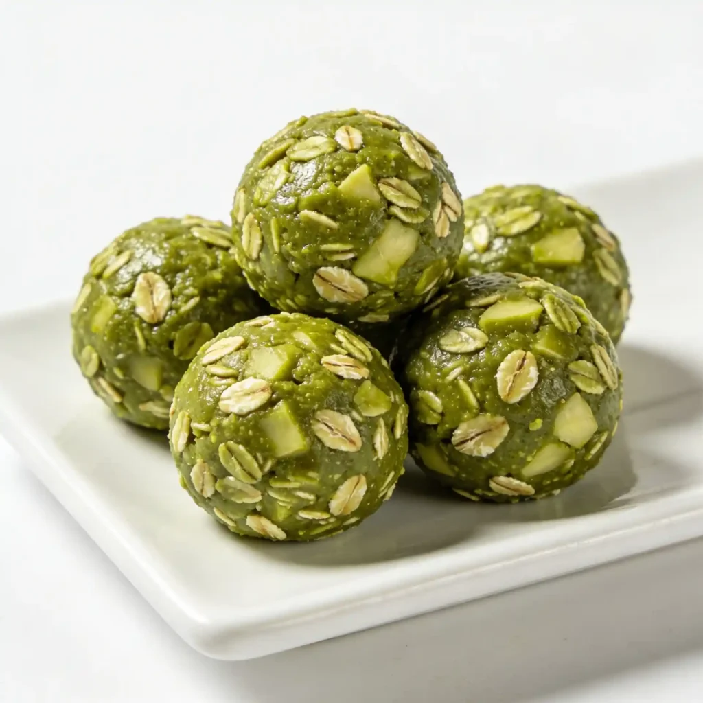 A cluster of healthy matcha green tea energy balls served on a sleek rectangular white plate.