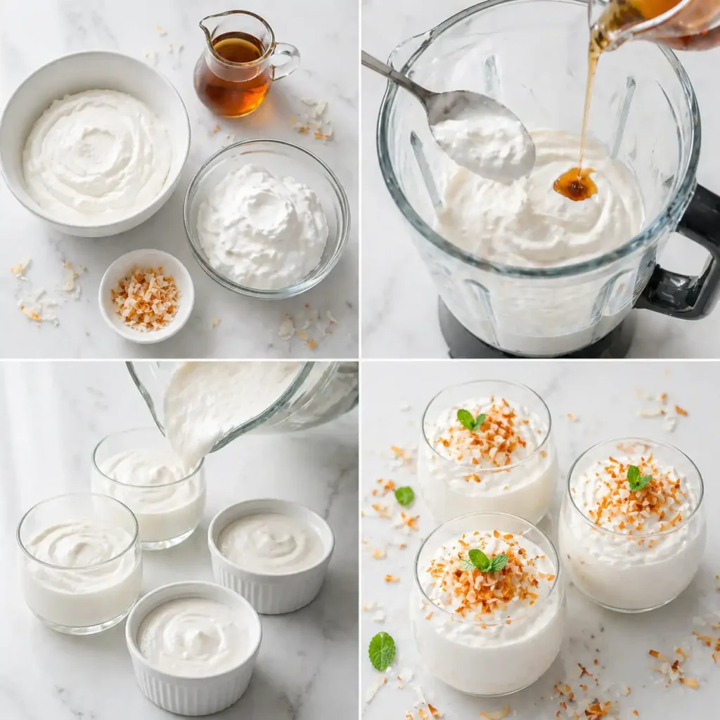 A 4-panel image process visualization for making coconut cottage cheese mousse, showing ingredients like cottage cheese and coconut cream, blending into a white base, portioning multiple elegant glasses/ramekins, and finished garnished mousses.