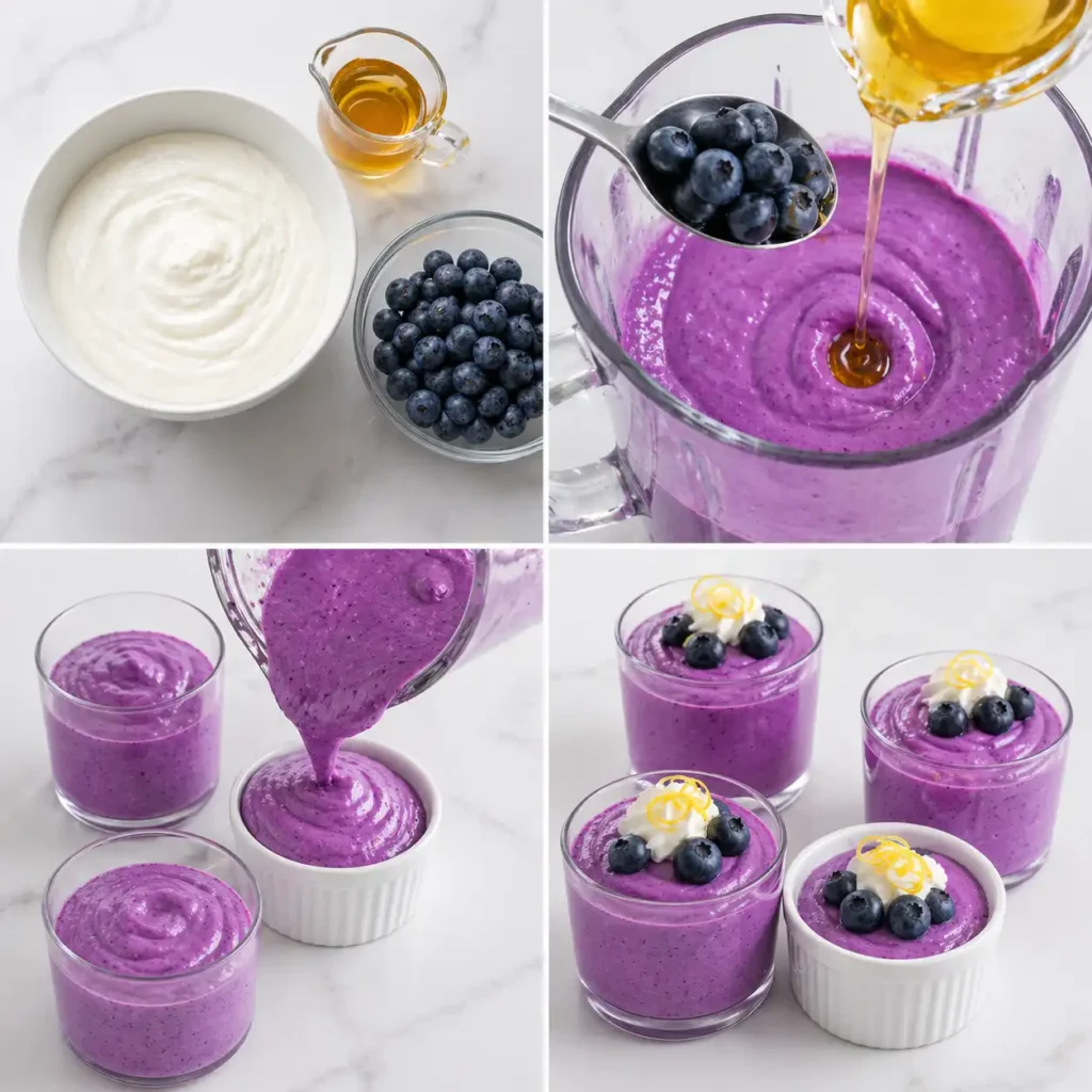 A 4-panel image process visualization for making blueberry cottage cheese mousse, showing ingredients like cottage cheese and blueberries, blending into a purple base, portioning multiple elegant glasses/ramekins, and finished garnished mousses, ensuring a sleek modern aesthetic with no wood or hands.