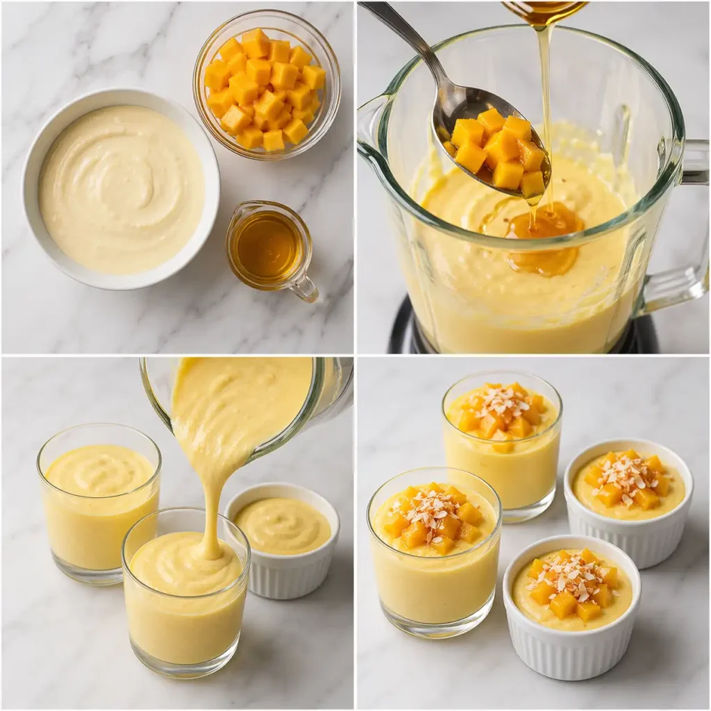 A 4-panel image process visualization for making mango cottage cheese mousse, showing ingredients like cottage cheese and mango, blending into a yellow base, portioning multiple elegant glasses/ramekins, and finished garnished mousses, ensuring a sleek modern aesthetic with no wood or hands.
