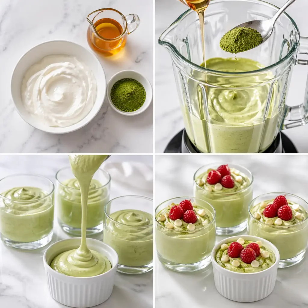 A 4-panel image process visualization for making matcha cottage cheese mousse, showing ingredients like cottage cheese and green tea powder, blending into a green base, portioning multiple elegant glasses/ramekins, and finished garnished mousses with berries, ensuring a sleek modern aesthetic with no wood or hands.