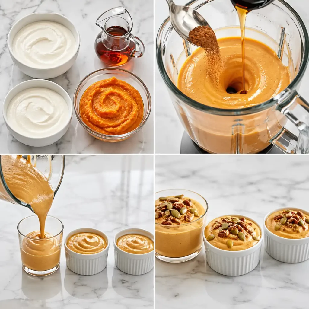 A 4-panel image process visualization for making cottage cheese pumpkin mousse, showing ingredients like cottage cheese and puree, blending into an orange base, portioning multiple elegant glasses/ramekins, and finished garnished mousses, ensuring a sleek modern aesthetic with no wood or hands.