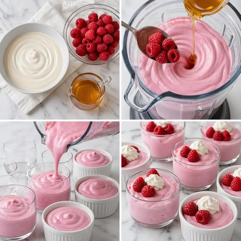 A 4-panel image process visualization for making raspberry cottage cheese mousse, showing ingredients like cottage cheese and berries, blending into a pink base, portioning multiple elegant glasses/ramekins, and finished garnished mousses with berries, ensuring a sleek modern aesthetic with no wood or hands.