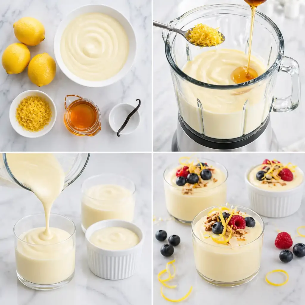 A 4-panel image process visualization for making vanilla cottage cheese mousse, showing ingredients like cottage cheese and vanilla beans, blending until smooth, portioning into multiple elegant glass jars, and finished garnished mousses with raspberries, ensuring a sleek modern aesthetic with no wood or hands.