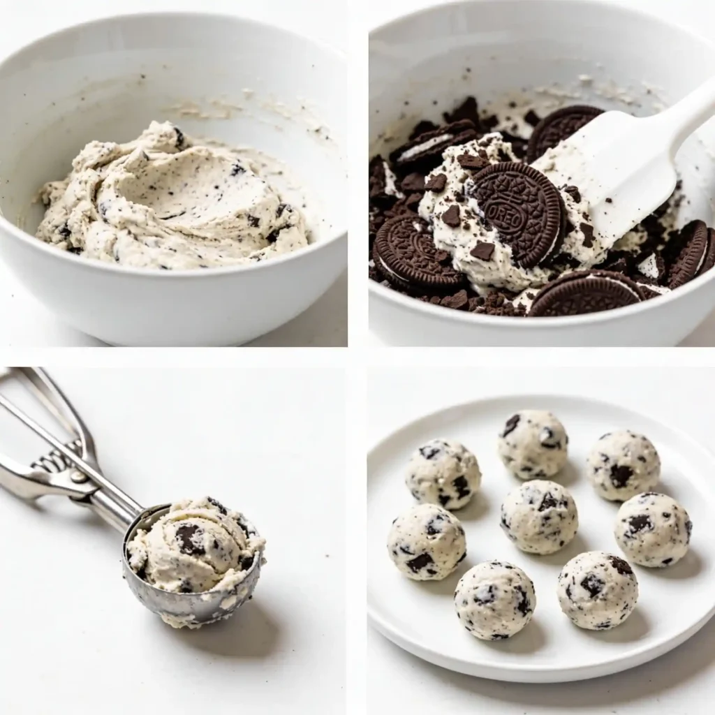 A four-panel image showing the easy steps to make cookies and cream energy bites using modern white kitchenware.