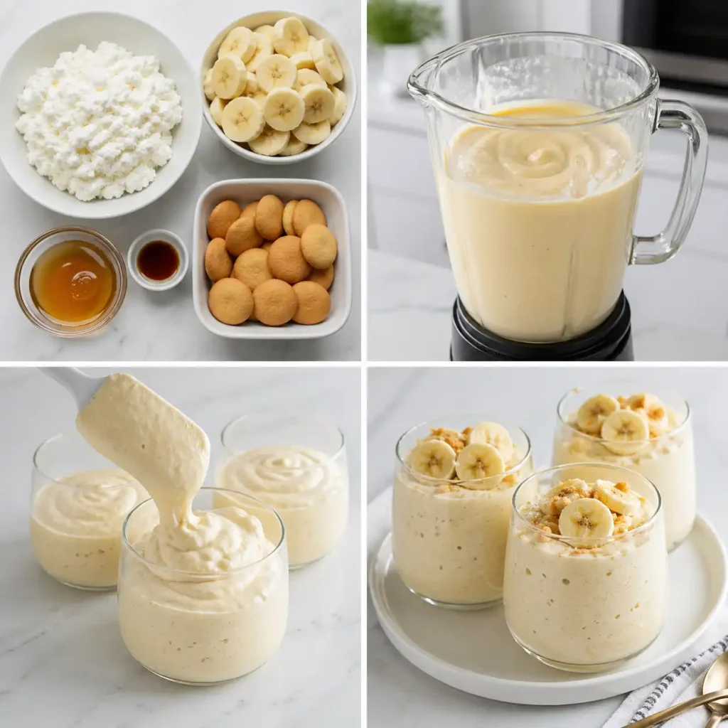 A 4-panel image process visualization for making cottage cheese banana pudding, showing ingredients blending into a pale yellow base, portioning into multiple elegant glasses, and finished garnished desserts.