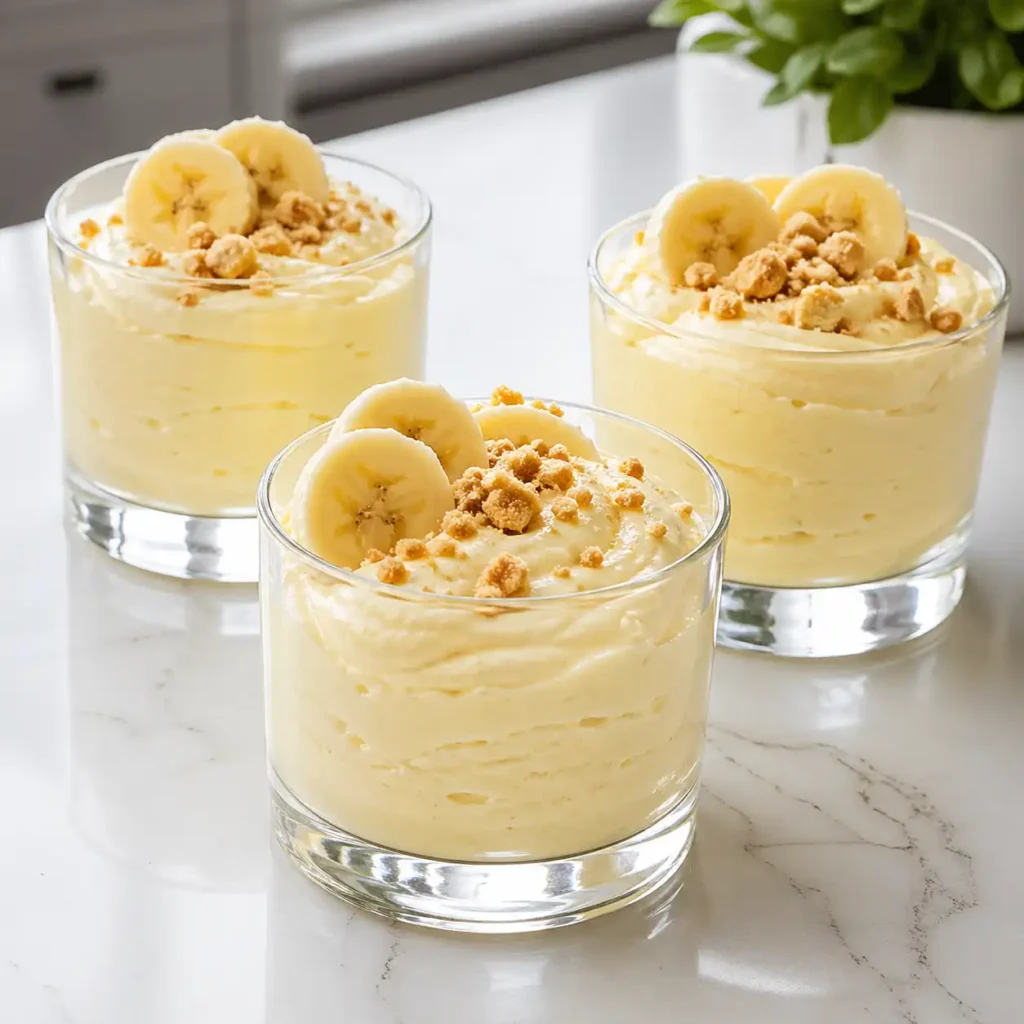 Three elegant glass tumblers filled with creamy pale yellow cottage cheese banana pudding, garnished with banana slices and crushed wafers on a white quartz counter.