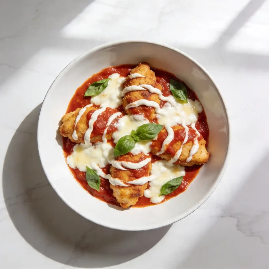 A top-down view of a cottage cheese chicken parm bowl with marinara and melted mozzarella.