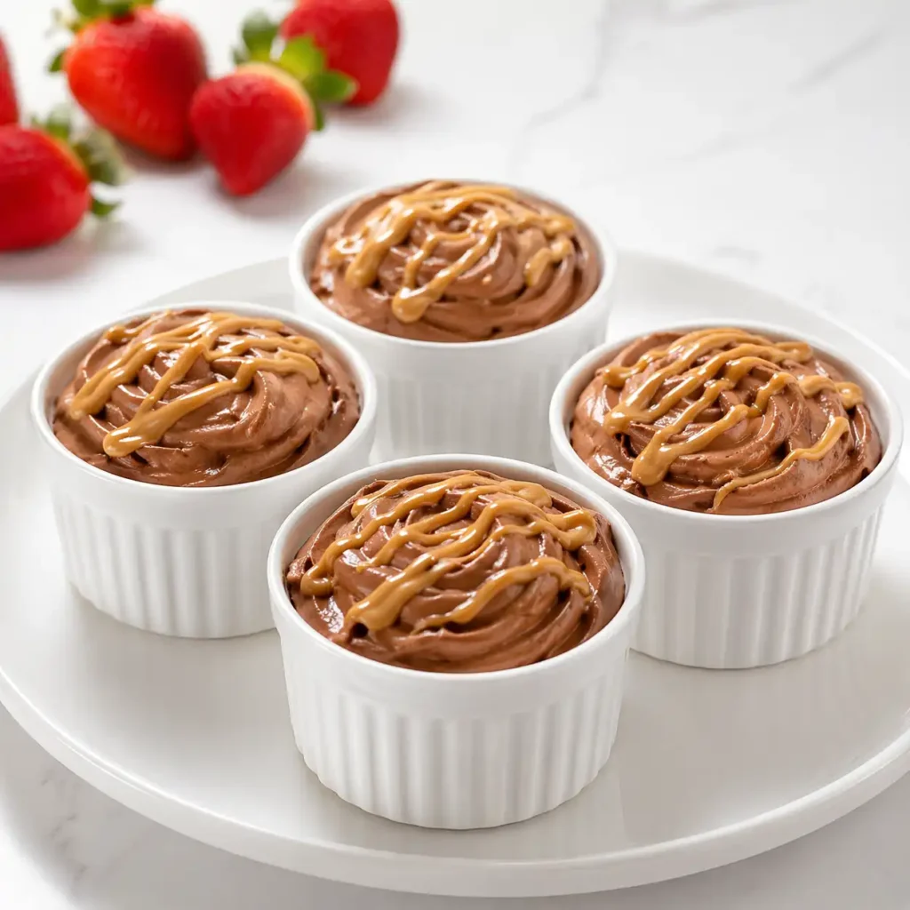 Four white ceramic ramekins of chocolate peanut butter cottage cheese mousse resting neatly on a large, sleek white ceramic platter.