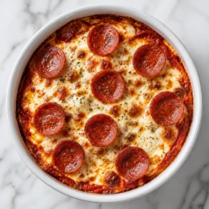 A top-down flat lay view of a hot, bubbly cottage cheese pizza bowl in a white ramekin on white marble.