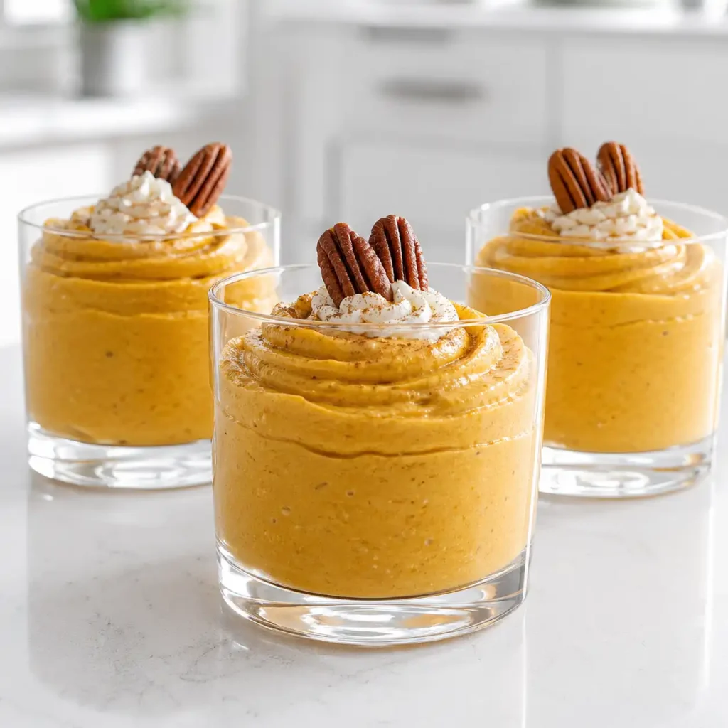 Three elegant glass tumblers filled with creamy orange cottage cheese pumpkin mousse, garnished with pecans and cream on a white quartz counter.