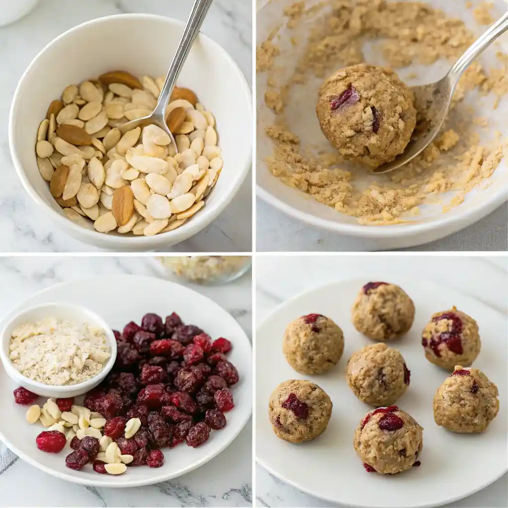 A four-panel image showing the easy steps to make no bake cranberry almond oatmeal bites.