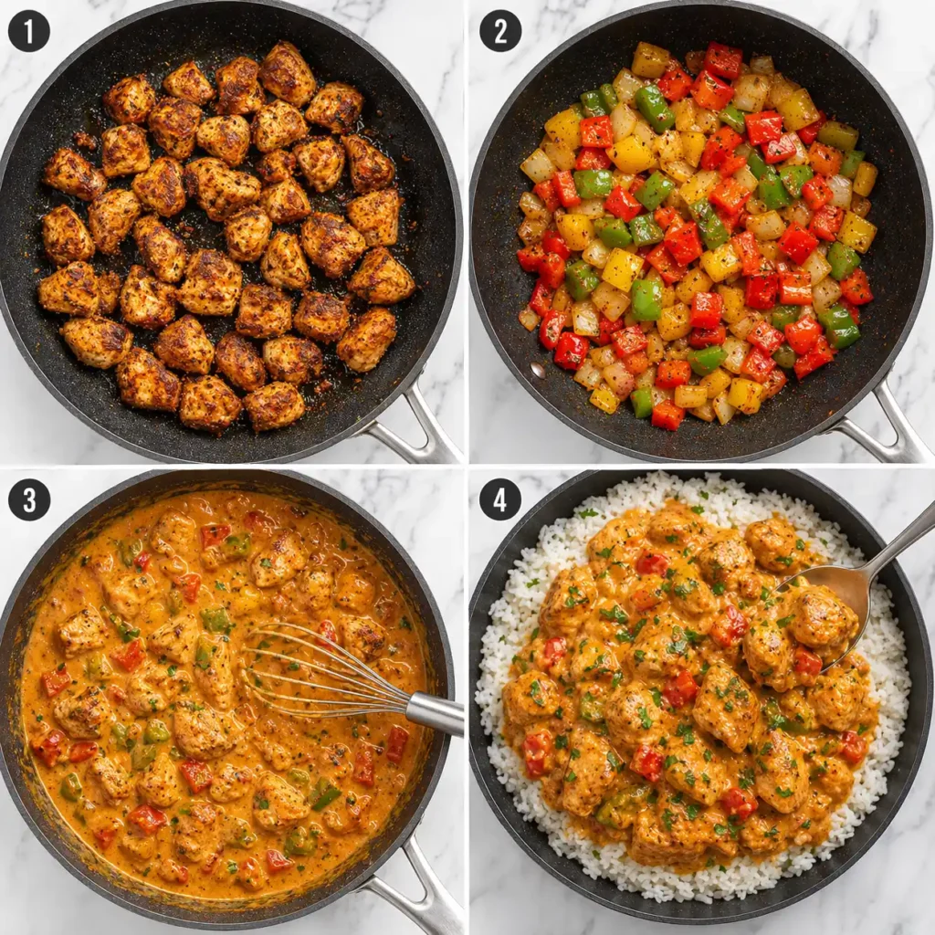 A 4-panel collage showing the cooking steps for creamy cajun chicken.