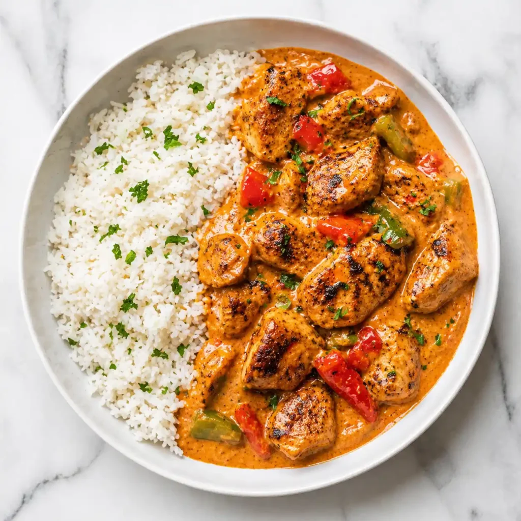 A top-down view of a plated serving of creamy cajun chicken with rice and vibrant peppers.