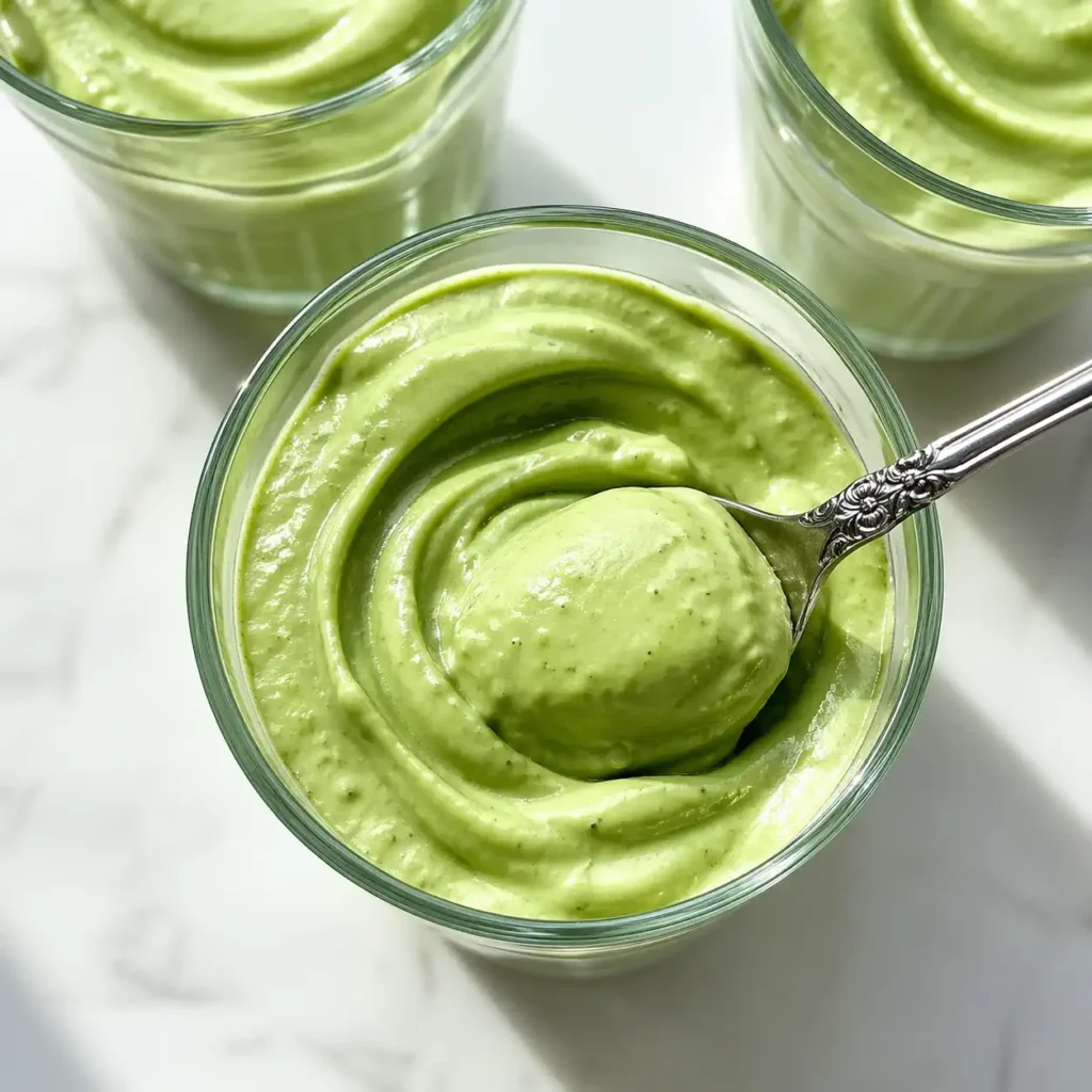 A close-up macro shot of a silver spoon scooping thick, perfectly smooth swirled green matcha cottage cheese mousse from a glass tumbler.
