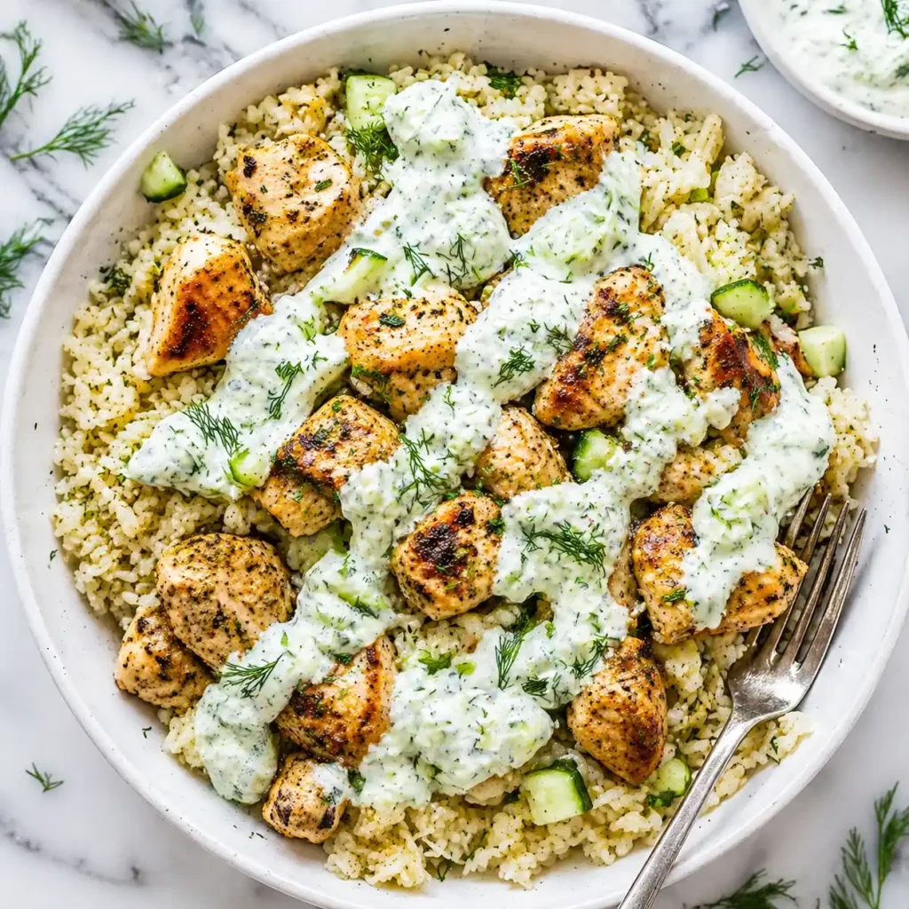 A close-up top-down view of a white bowl filled with chicken, rice, and a heavy drizzle of creamy cucumber dill tzatziki sauce.