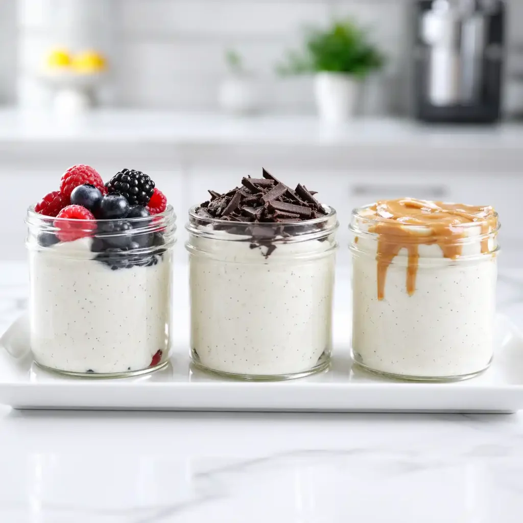 Three glass jars of vanilla cottage cheese mousse, each featuring different toppings like berries and chocolate, on a white tray.