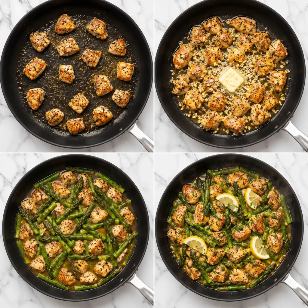 A 4-panel collage showing the cooking steps for crispy garlic chicken bites and asparagus.