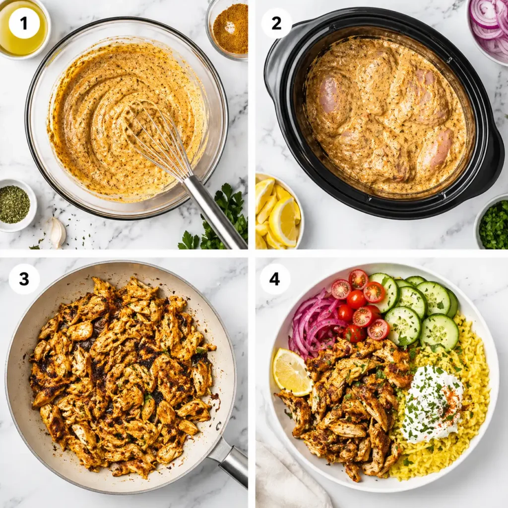 A 4-panel collage showing the marinating, slow cooking, and assembly steps for chicken shawarma.