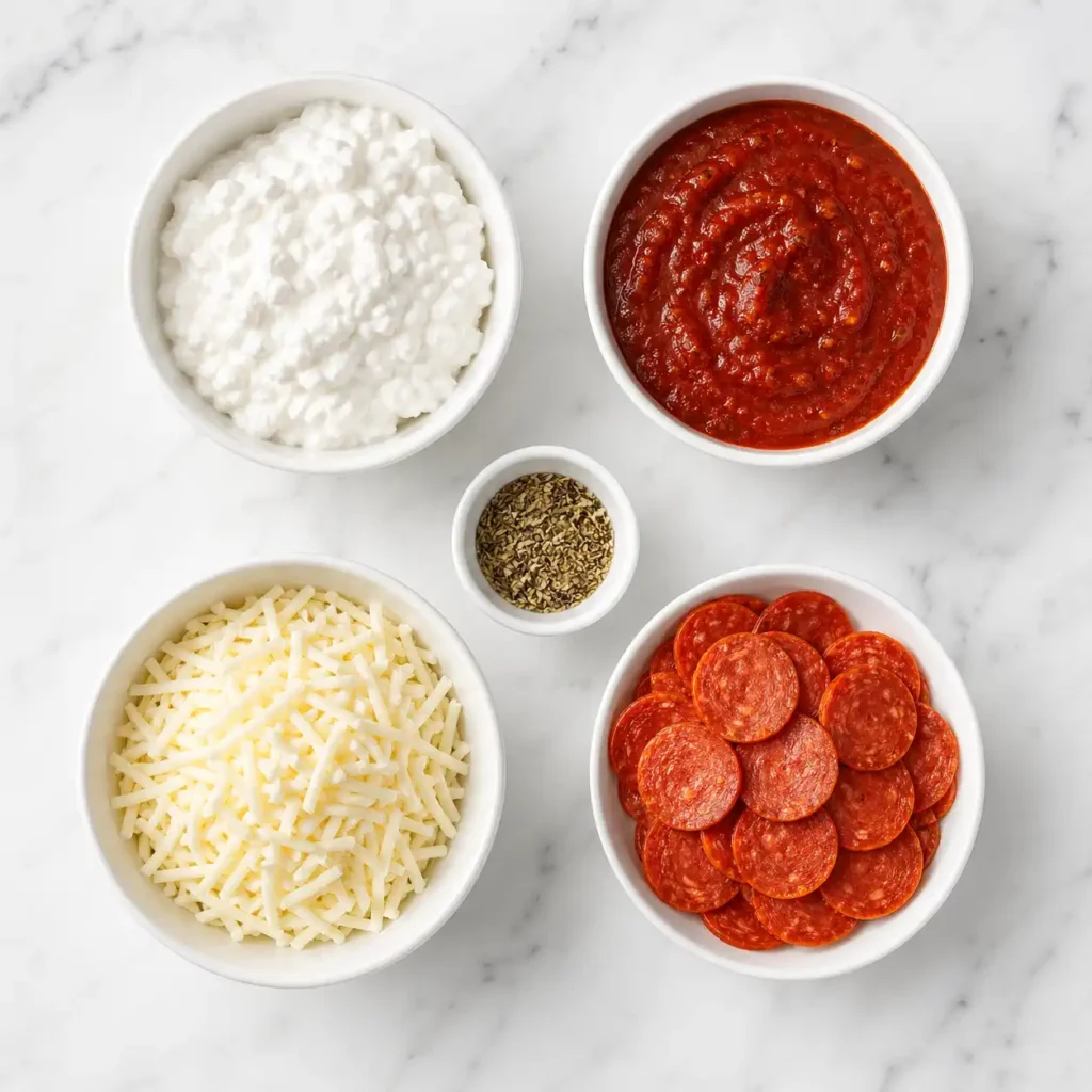 Raw ingredients for a crustless pizza bowl arranged in white bowls on a marble surface.