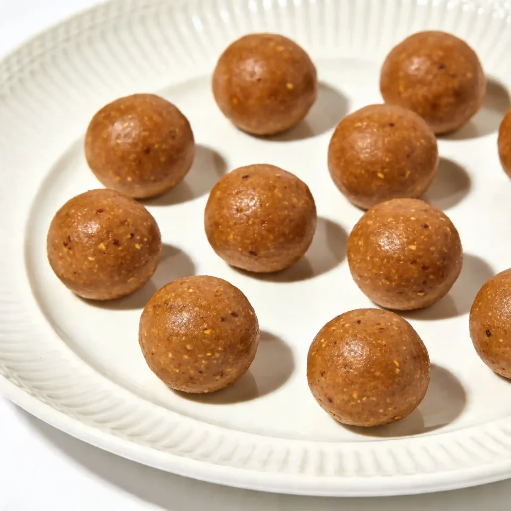 Chai spice protein bites resting neatly on a large, sleek white ceramic platter with a cafe mug in the background.