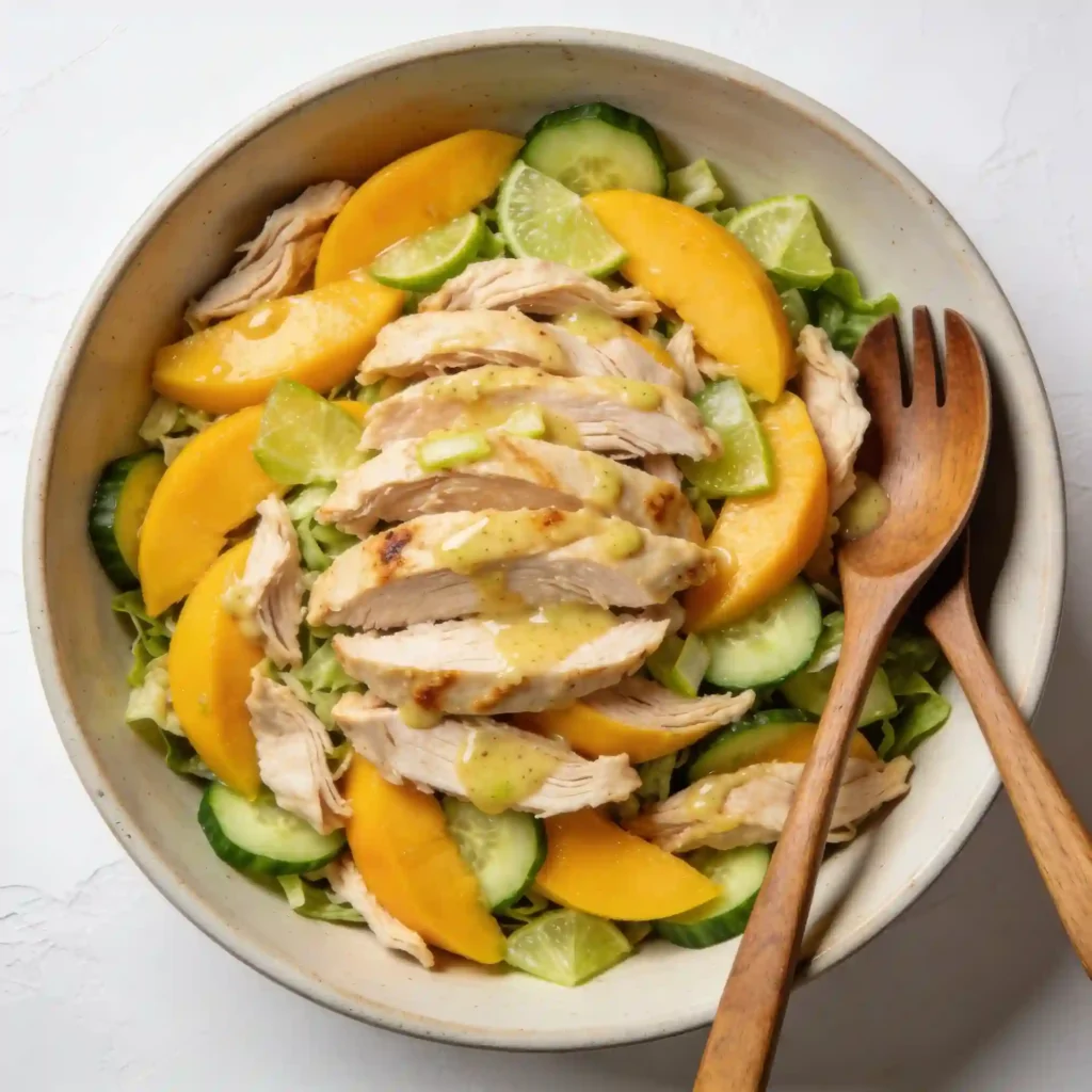 A large serving bowl of mango chicken salad, answering the question does ginger pair well with mango.