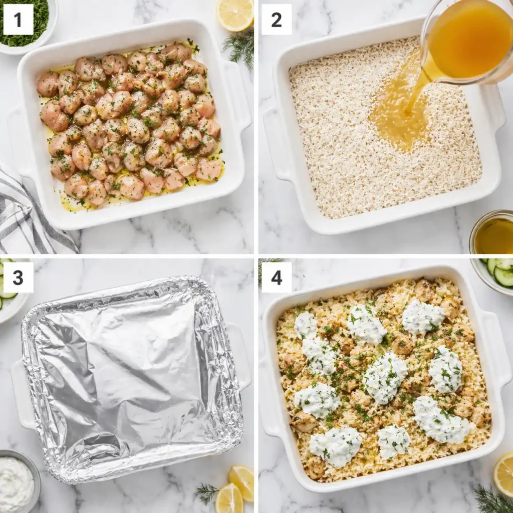 A 4-panel collage showing the seasoning, pouring, covering, and finishing steps for a chicken and rice bake.