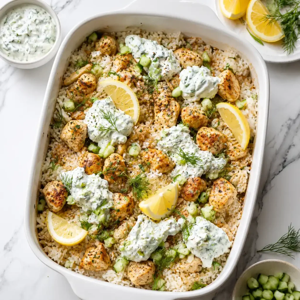 A top-down flat lay view of a white baking dish filled with Dump and Bake Chicken Tzatziki with Rice on white marble.