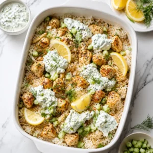 A top-down flat lay view of a white baking dish filled with Dump and Bake Chicken Tzatziki with Rice on white marble.