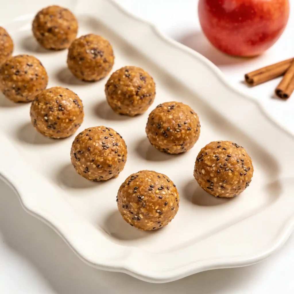 Apple cinnamon energy bites resting neatly on a large, sleek white ceramic platter with fresh apples in the background.