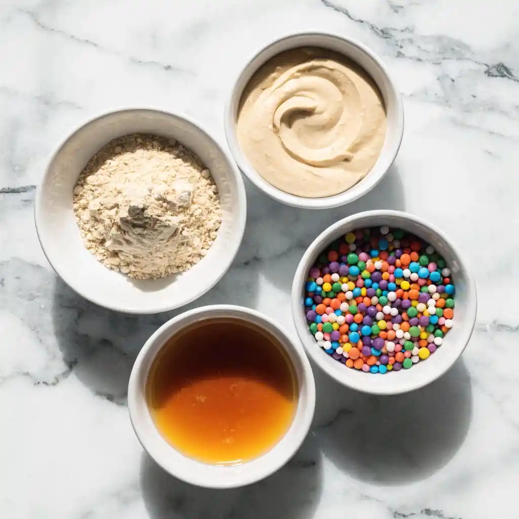 Small modern white bowls filled with oat flour, cashew butter, rainbow sprinkles, and maple syrup on a marble counter.