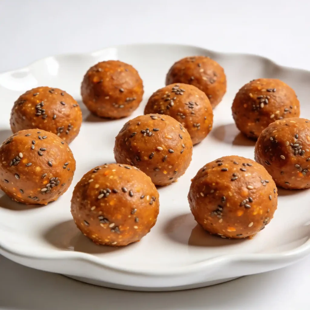 Carrot cake protein bites resting neatly on a large, sleek white ceramic platter with fresh carrots in the background.