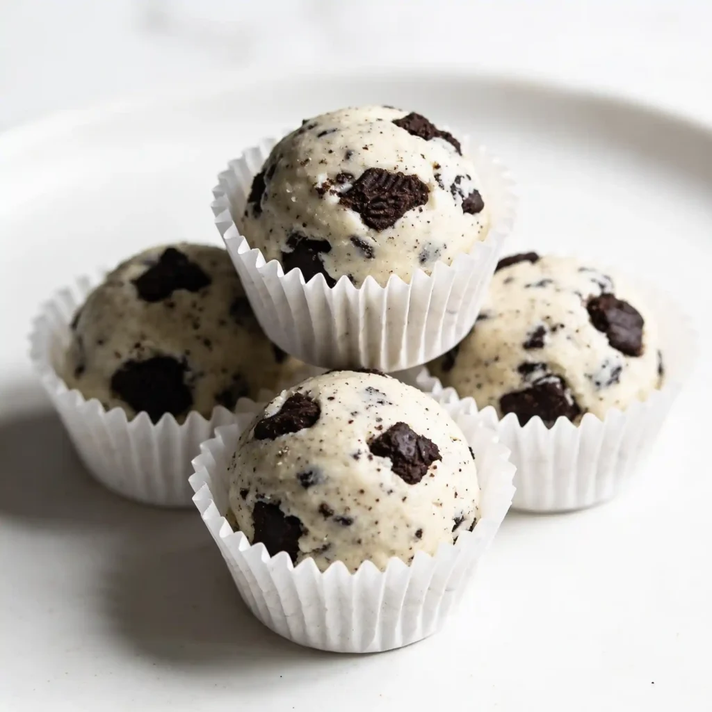 A small cluster of cookies and cream bites in white cupcake liners on a glossy white surface.
